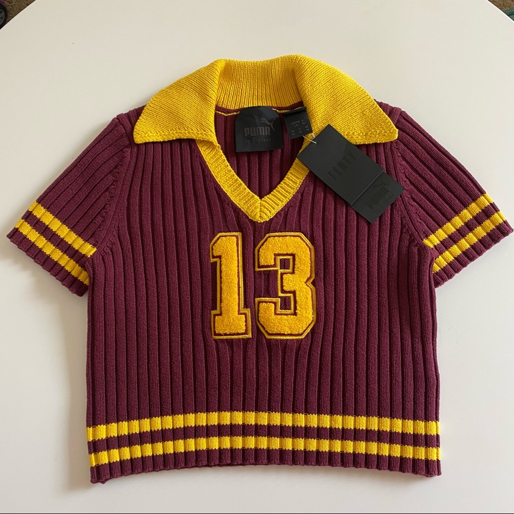 Fenty Puma NEVER WORN burgundy and yellow cropped collared varsity sweater top